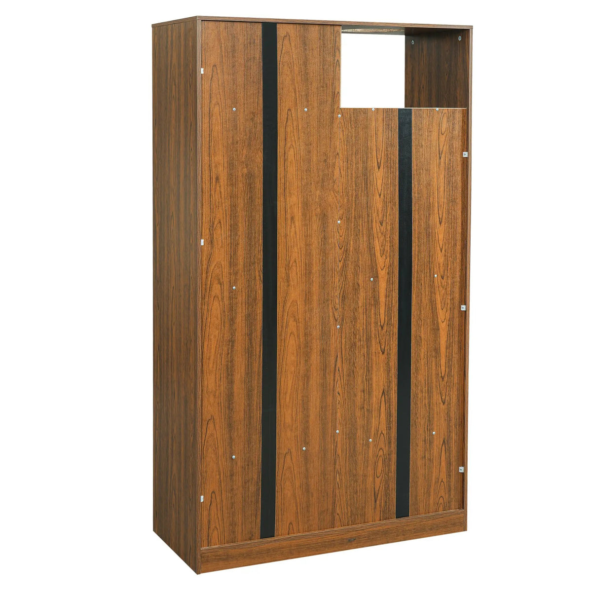 Modern 2-in-1 wooden cat house bookshelf display cabinet in warm brown wood with black straps by Sangria Beech.