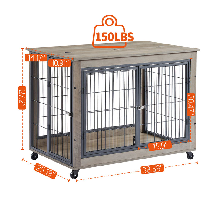 Rolling Wooden Dog Crate Table with Lift Top – Grey – photo 6