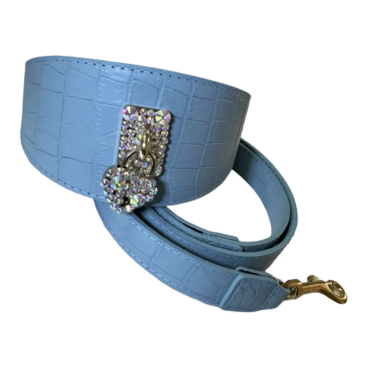 Del Mar dog collar and leash set, blue crocodile-embossed leather with crystal-studded buckle and gold-tone hardware
