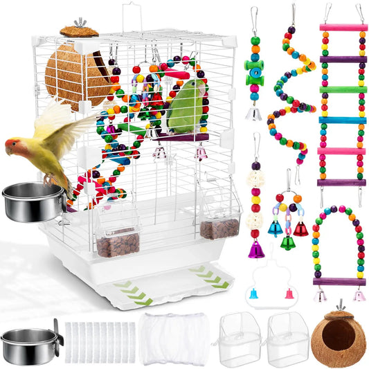 Zhengmy Parrot Starter Kit 17.7" Bird Cage with Handle 6 Pcs Wood Bird Toys for Parakeets Parrot Feeders Water Cage Bowls Bird Cage Seed Catcher Coconut Bird Nest Hut Disposable Cage Liner - from For Animals, With Love