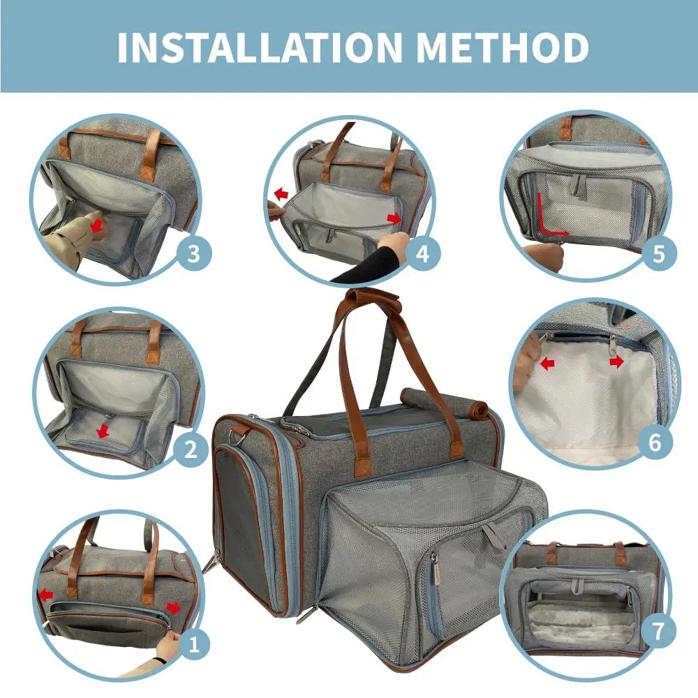 Mr. Peanut's Gold Series Big Apple Double Expandable Pet Carrier, gray fabric with brown straps, air travel approved