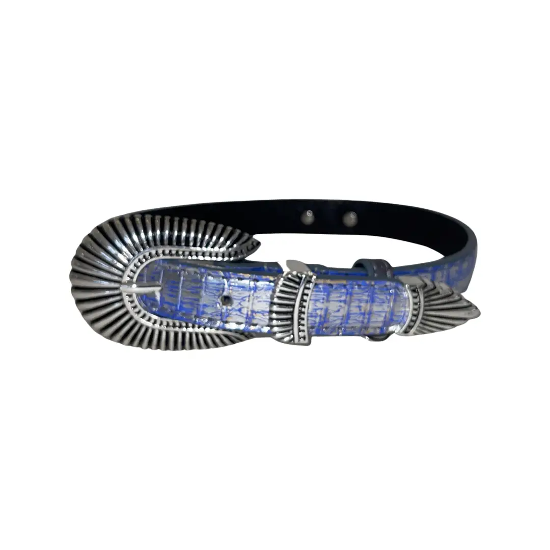 Snake belt with blue textured center and silver 3-piece Italian hardware