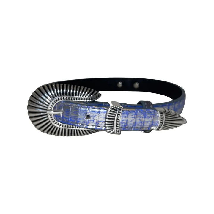 Snake belt with blue textured center and silver 3-piece Italian hardware