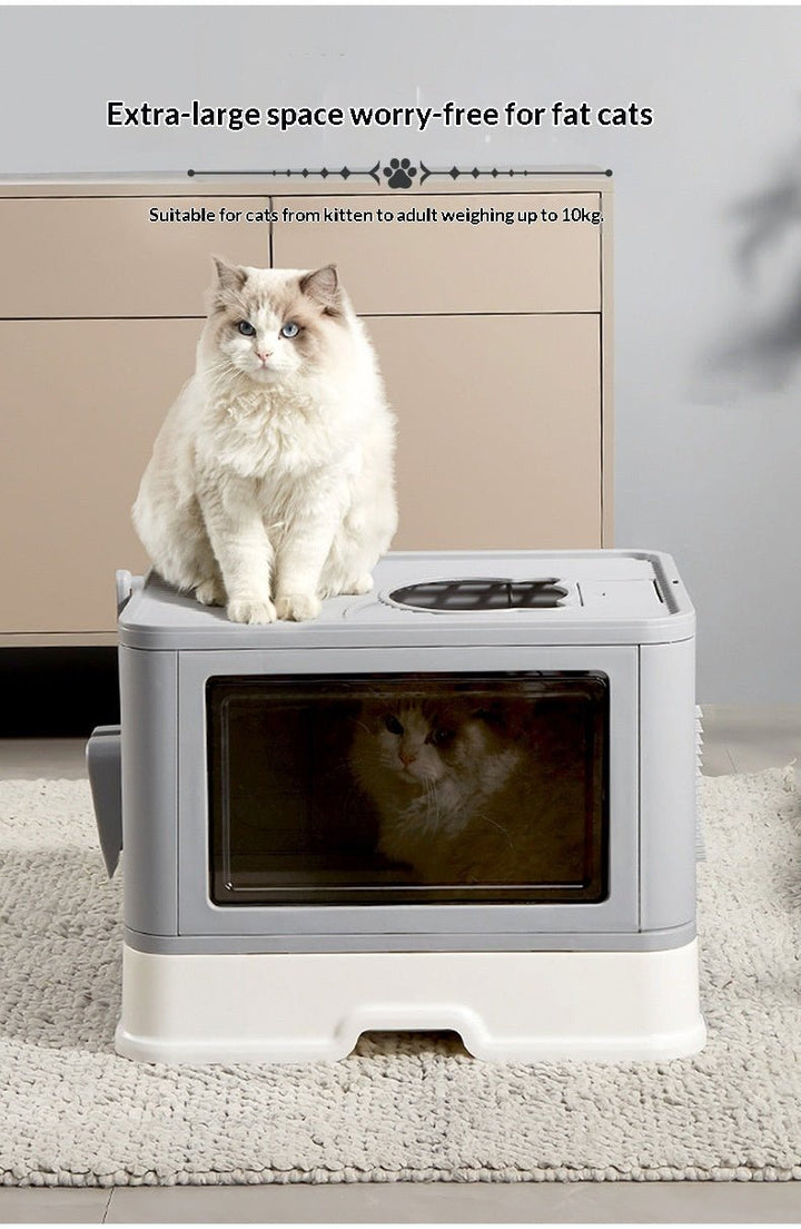 Gray litter box with front window and top opening