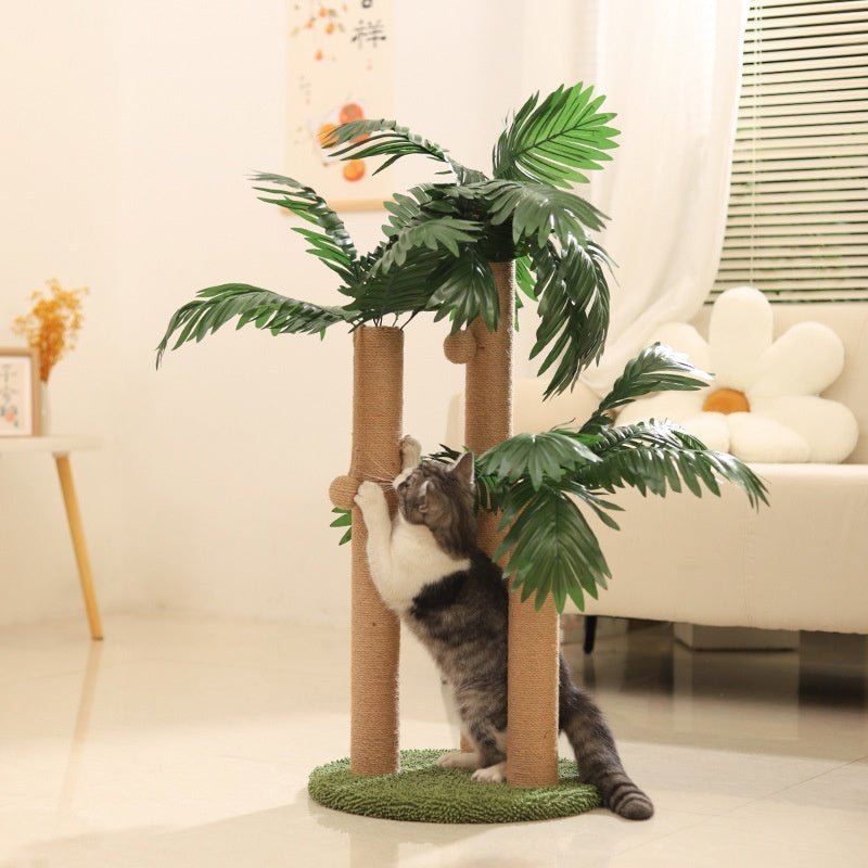 Palm-style triple-post scratcher beside cat