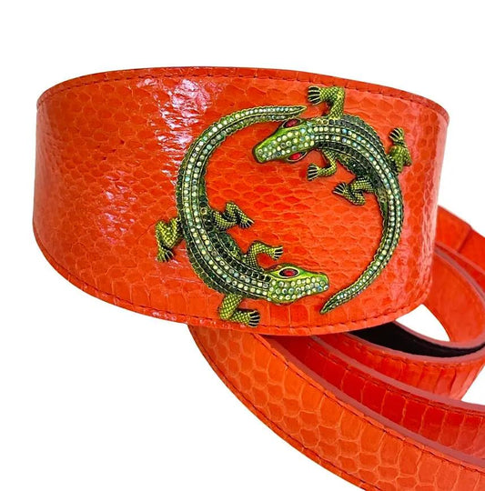 Orange 3-inch wide 2-piece collar and leash set with green rhinestone alligator emblem on textured snakeskin