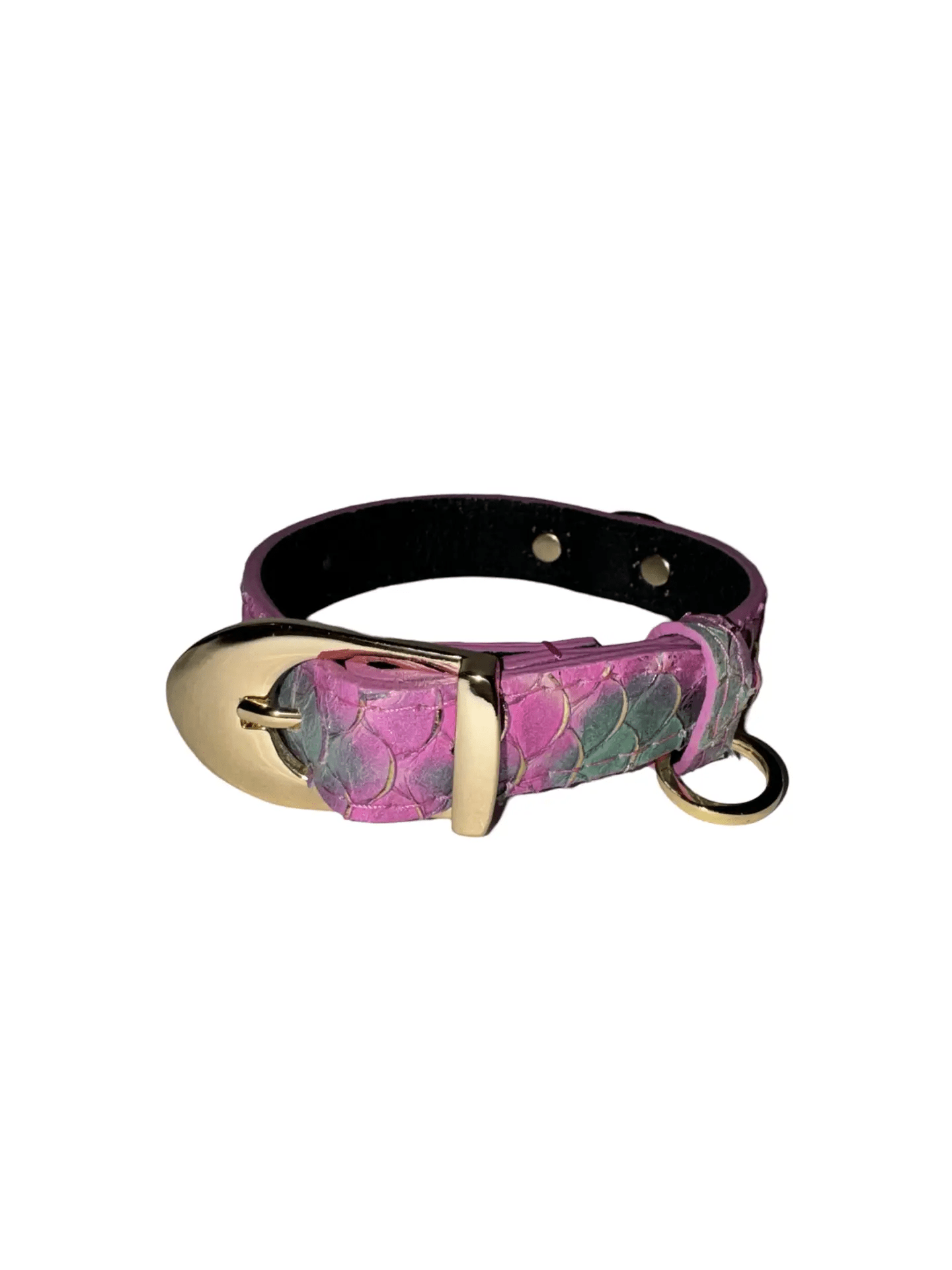 Mermaid Collection XS Collar by Allysa Payne Beverly Hills, pink purple teal mermaid-scale pattern with gold buckle