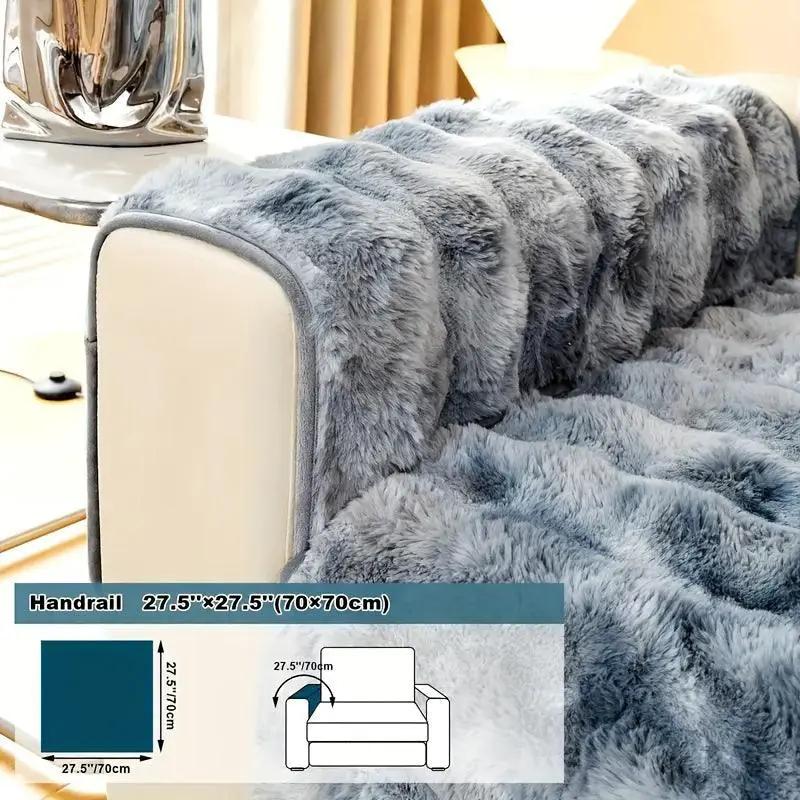 Luxurious Gradient Velvet Sofa Cover with gray-blue plush fur, draped over a white sofa.