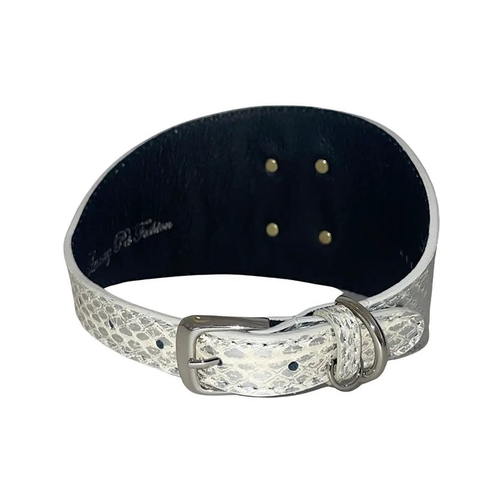 Silver snakeskin bracelet by Allysa Payne Beverly Hills with metal buckle clasp