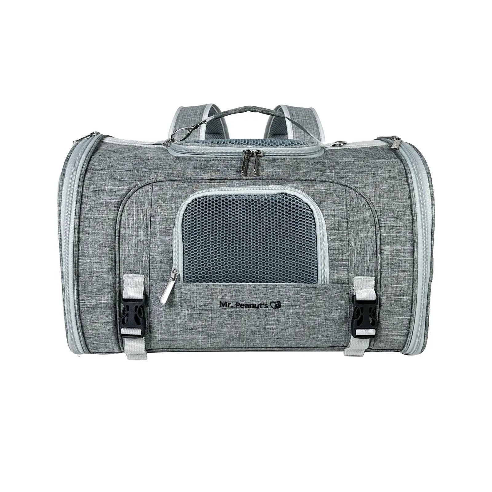 Mr. Peanut's Monterey Series airline-compliant horizontal backpack pet carrier, grey fabric with mesh window