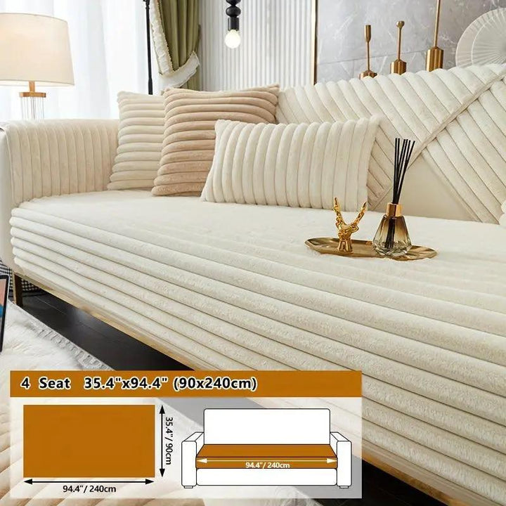 Luxurious rabbit fur sofa slipcover for dog use in light grey, non-slip backing, topspet for 4-seat sofas.