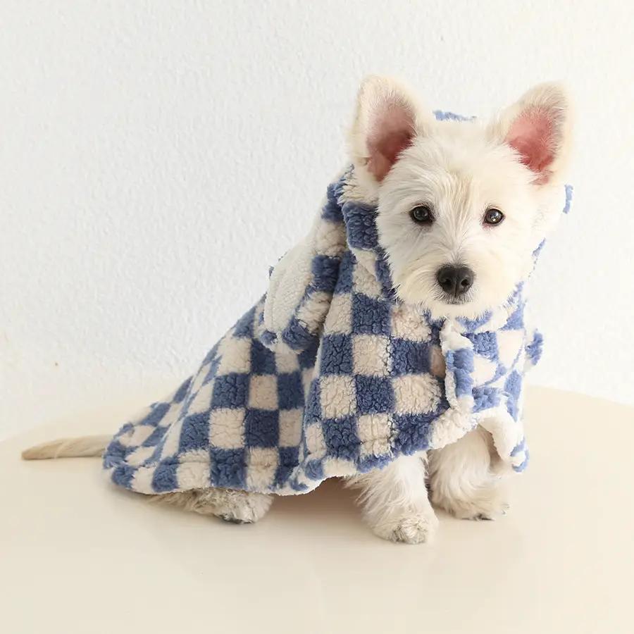 Small dog flannel cape towel by SOCKPET in blue and white checker pattern.