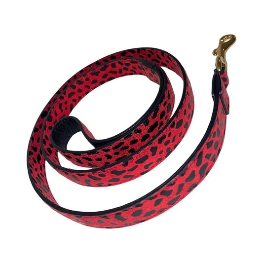 Leopard print red and black Italian leather belt with gold clasp by Allysa Payne Beverly Hills