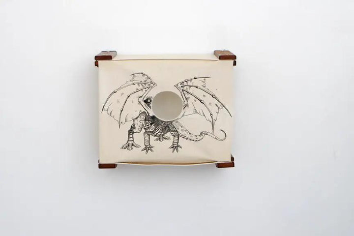 Enclosed Cat Bed - Cat Wall Cubby by Catastrophic Creations, beige canvas with dragon print and dark wood brackets