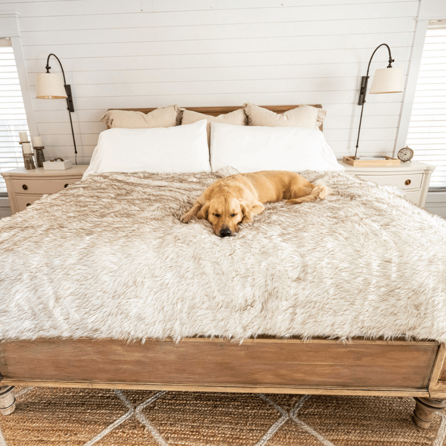 PupProtector™ Waterproof Dog Blanket; cream-colored fluffy throw on a bed.