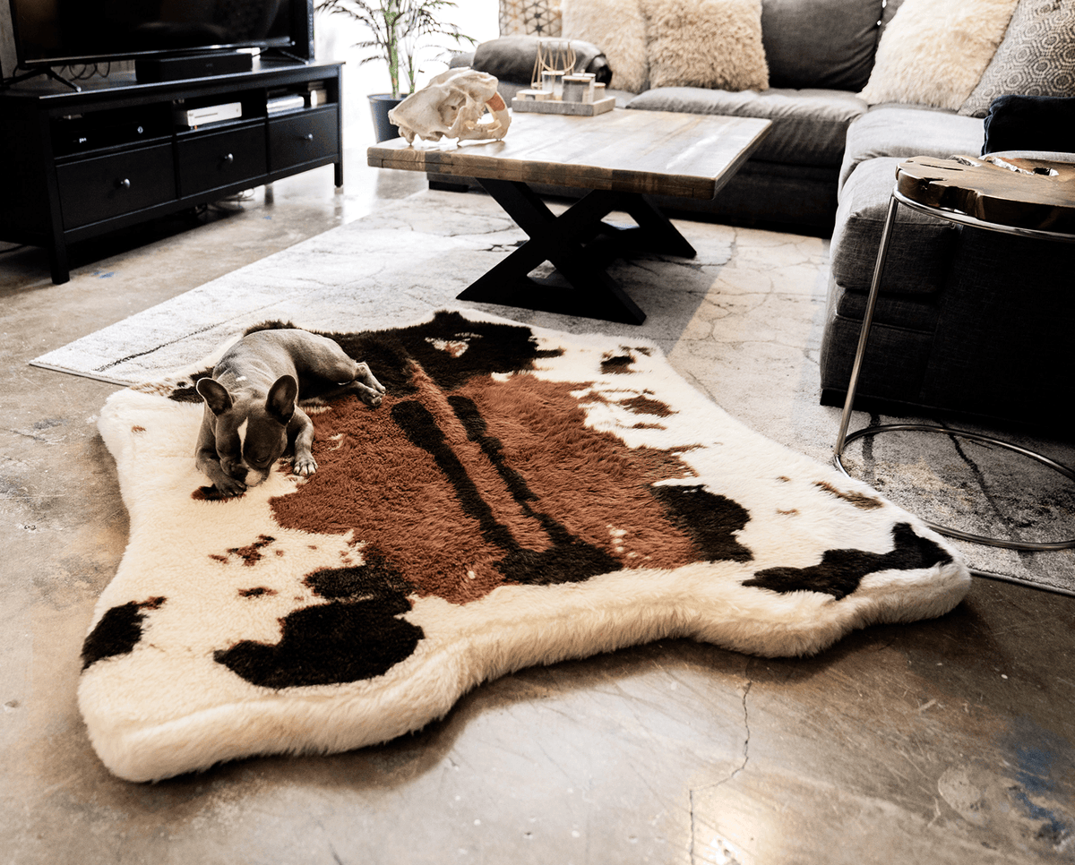 PupRug Animal Print Memory Foam Dog Bed - Brown Faux Cowhide by Paw.com; dog resting on it.