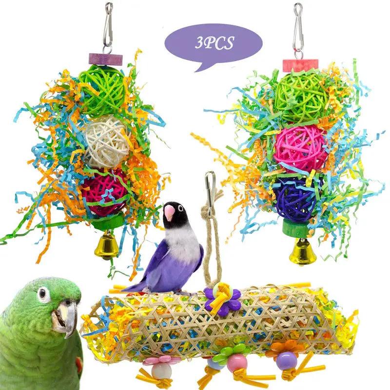 Natural Bamboo Bird Toy Set 3 PCS Parrot Gnawing Supplies Rattan Ball Grass Wooden Toys Birds Durable Chew Play by Sell My Stuff