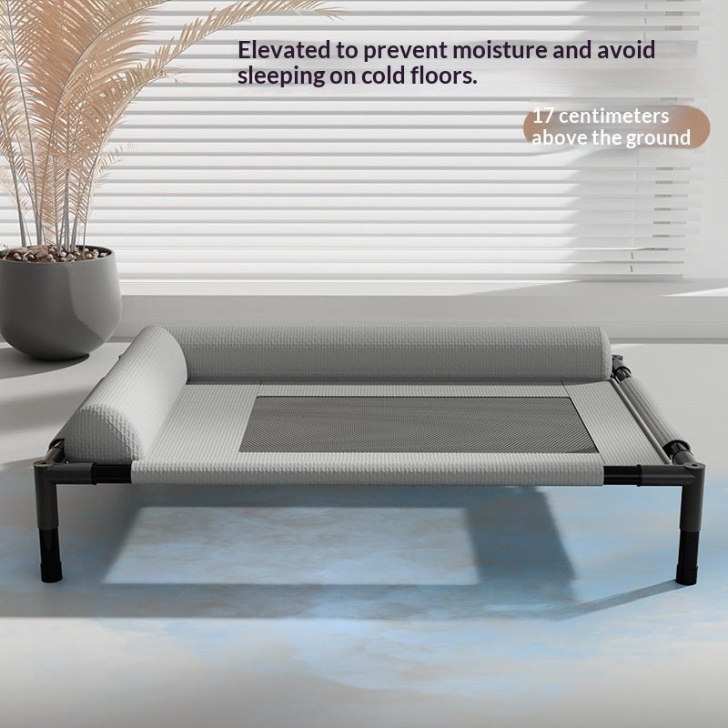 Raised gray cot with ground-clearance illustration