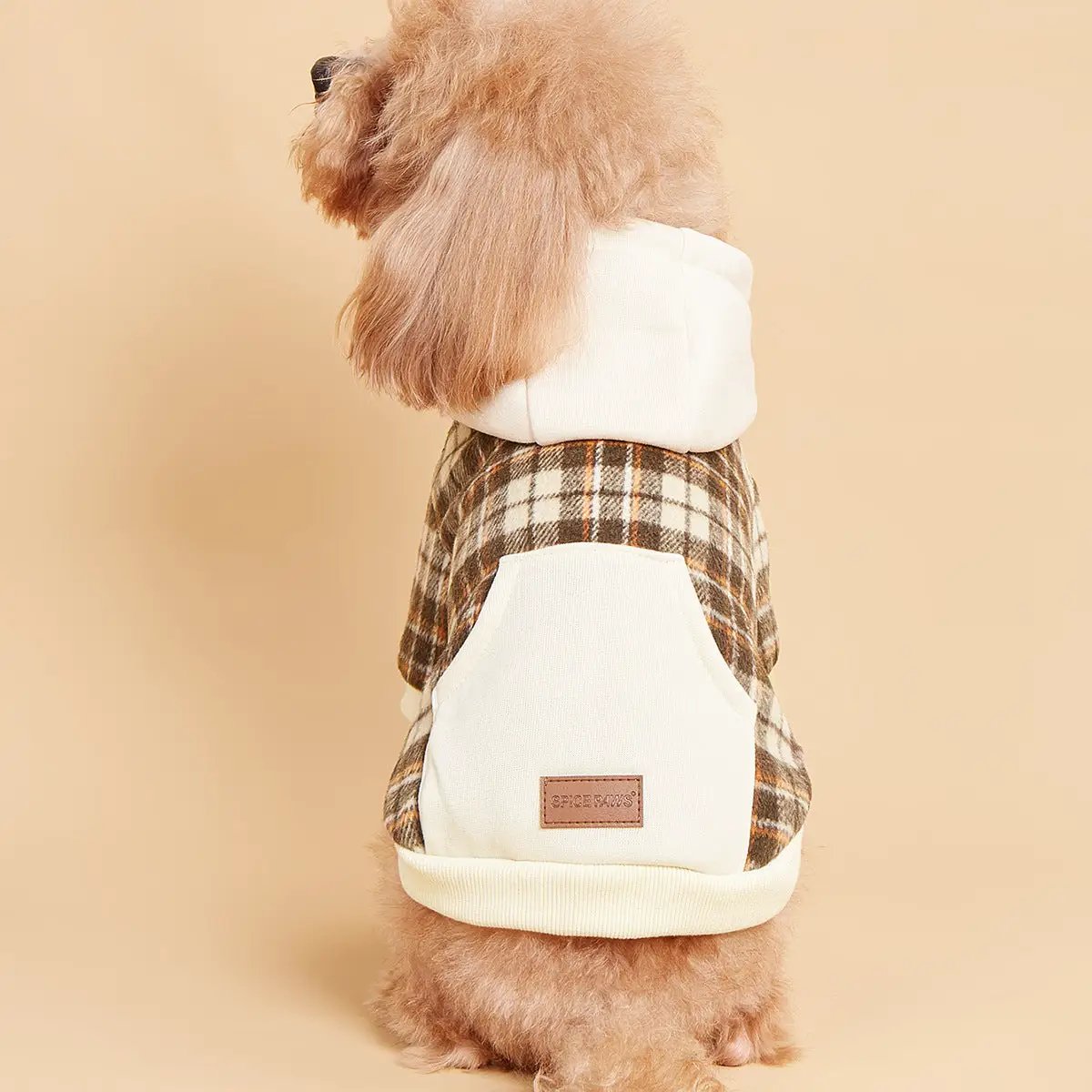 Dog clothes: cream hoodie under brown plaid outer coat, thick autumn/winter British chic style.