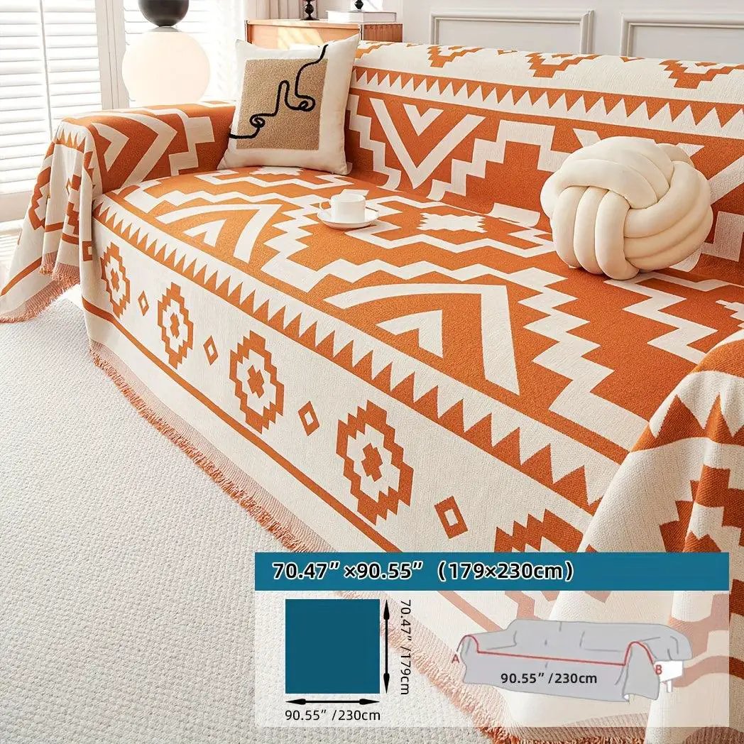 Boho-Chic All-Season Sofa Cover with orange geometric print; pet-proof couch cover.