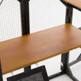Load image into Gallery viewer, Outdoor cat enclosure with fir wood, black frame, brown shelves and wire-mesh sides.
