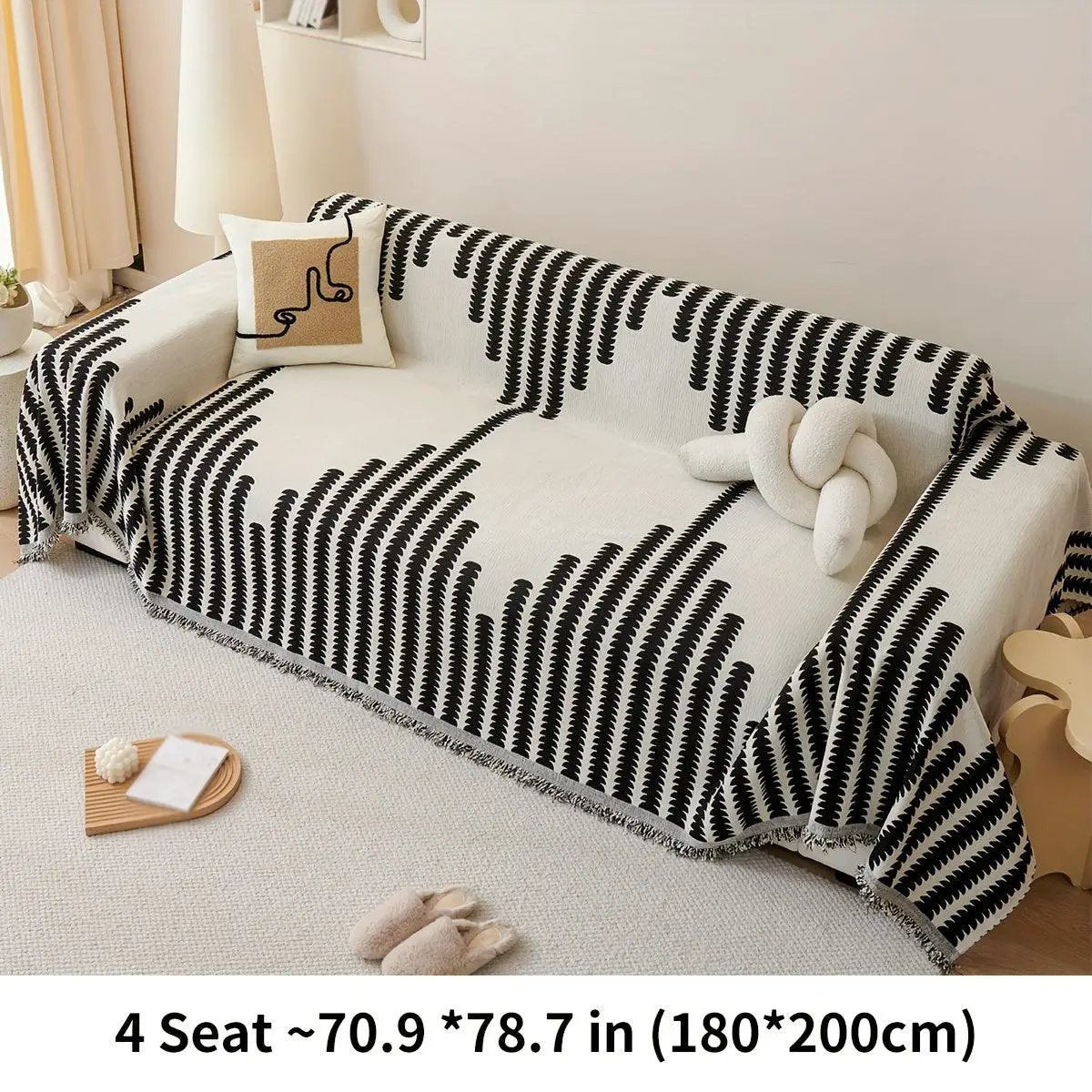 topspet Chenille Fabric Sofa Cover for 4-seat sofa, white with black fern-like pattern