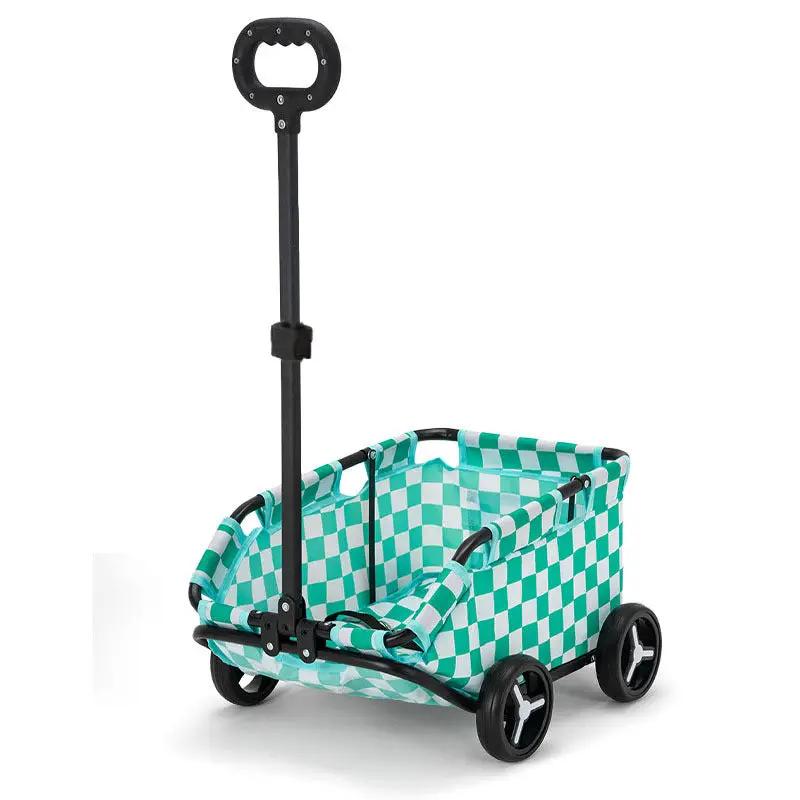 Pet stroller for small pets with turquoise checker fabric, four wheels, adjustable handle