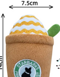 Load image into Gallery viewer, Puppaccino dog toy by For Animals, With Love; plush brown cup with white whipped-cream top, green leaf, and logo patch.
