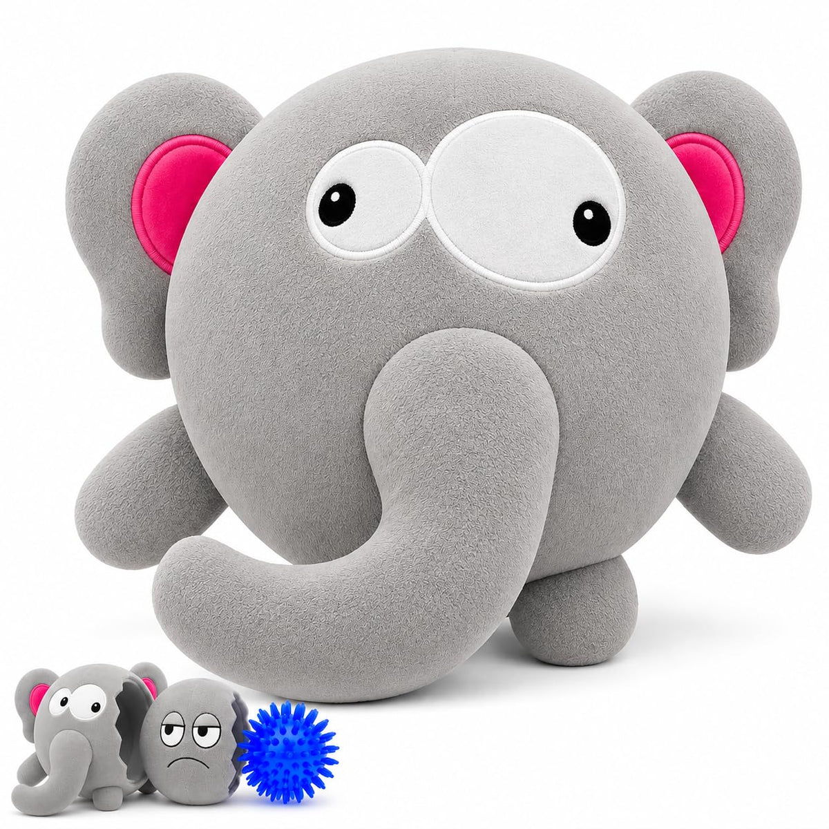 Gray elephant toy with illustrated inner layers