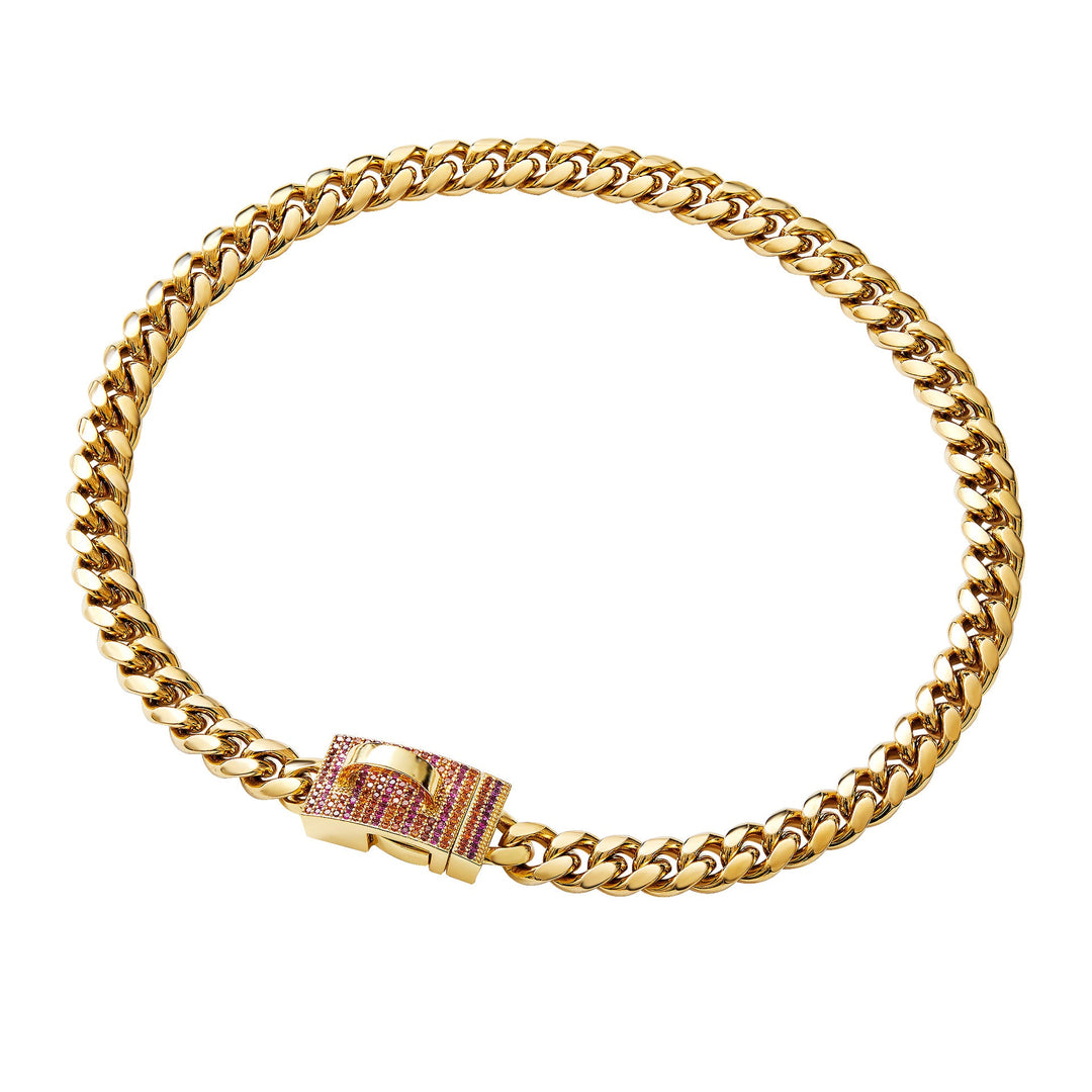 Pink-accent clasp chain collar on white background