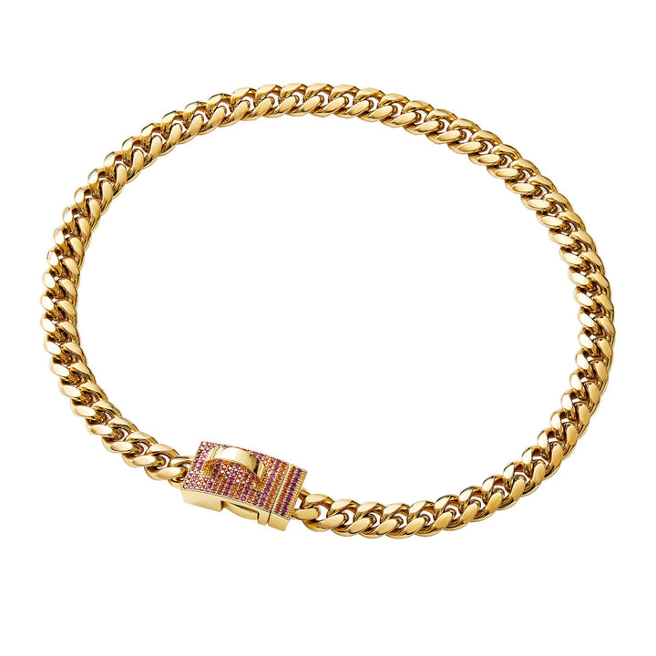 Pink-accent clasp chain collar on white background