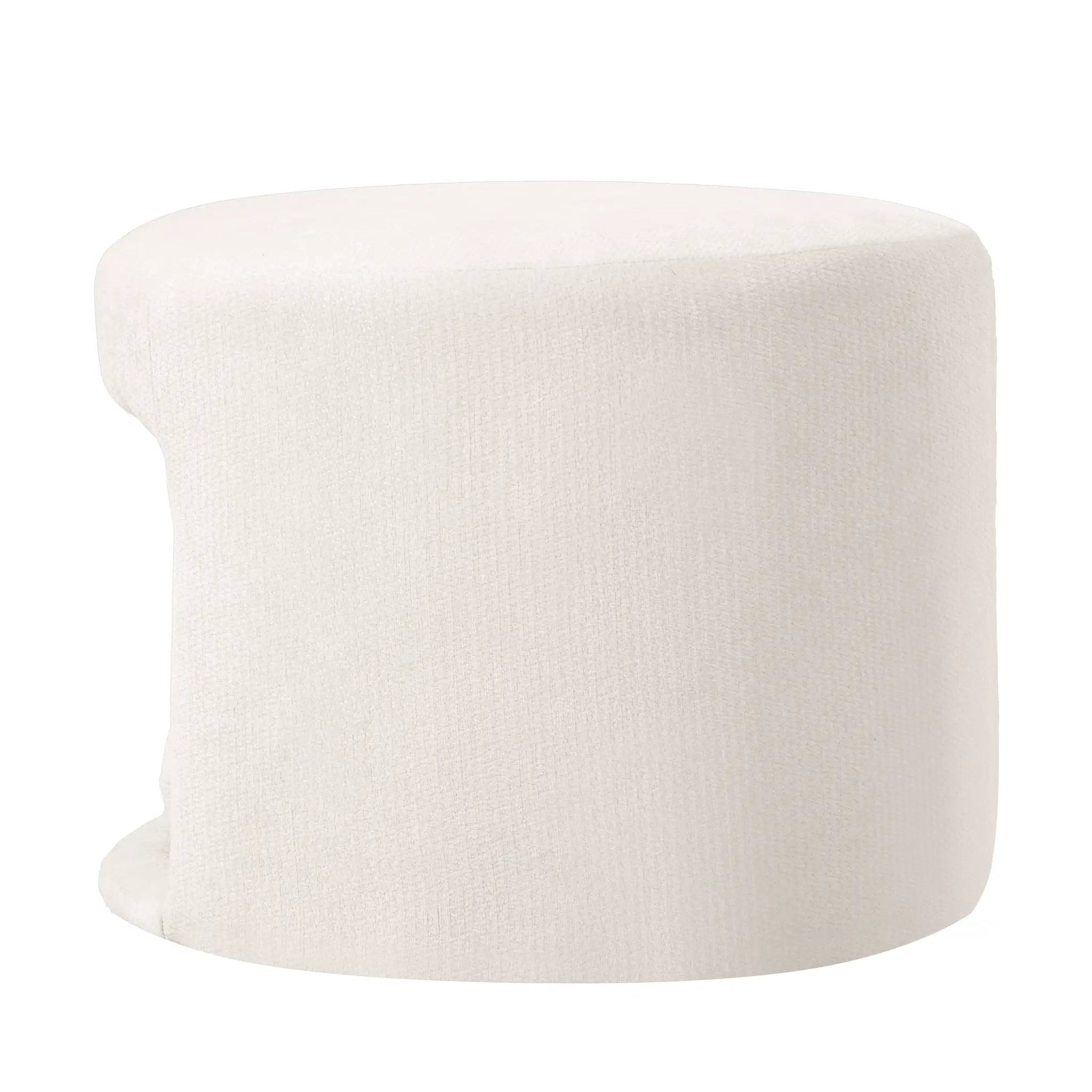 Beige ottoman with textured fabric, close-up view of rounded edge