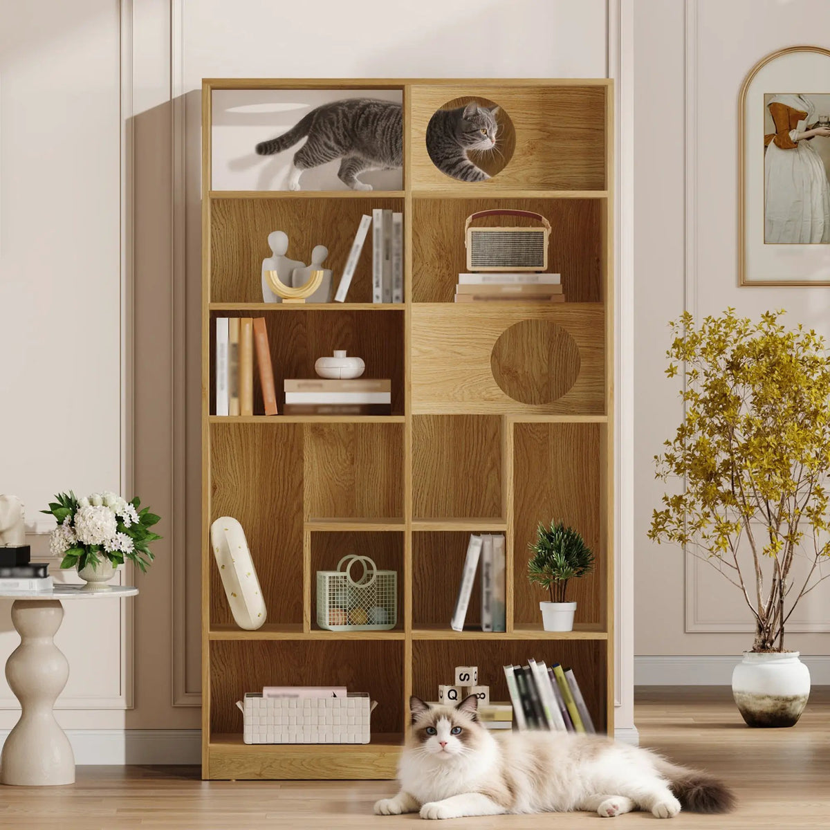 Sangria Beech Modern 2-in-1 wooden cat house bookshelf with circular cat nook, open shelves, and two cats lounging.