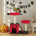 Bild in Galerie-Betrachter laden, Halloween Cat Climbing Frame Gothic Cat Tree with red and black plush tower and sisal posts, cat perched on top
