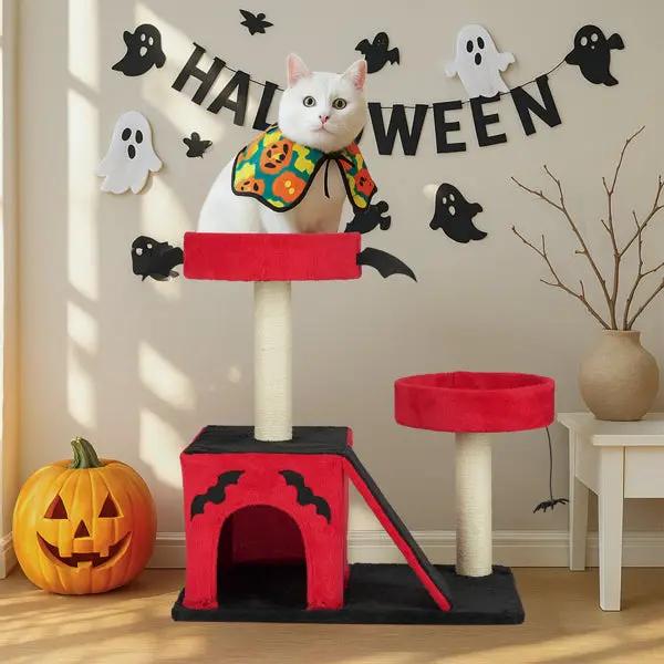 Halloween Cat Climbing Frame Gothic Cat Tree with red and black plush tower and sisal posts, cat perched on top