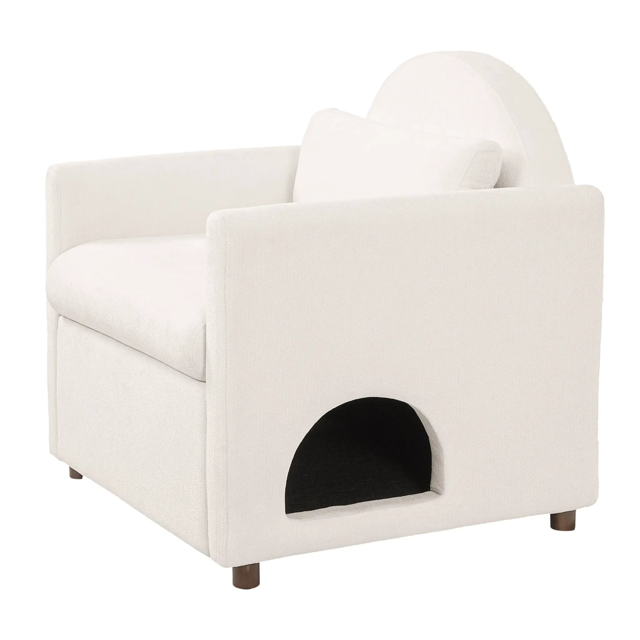 Beige fabric pet-friendly accent chair with hidden pet nook