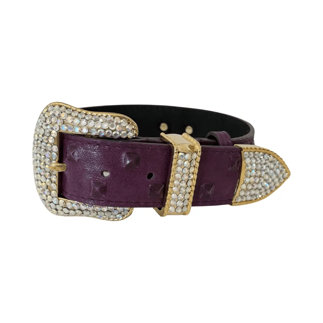 Glamorous boysenberry embossed Italian leather collar with Swarovski crystal accents and gold-tone hardware