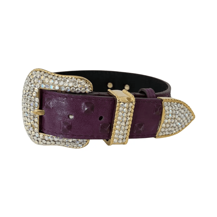 Glamorous boysenberry embossed Italian leather collar with Swarovski crystal accents and gold-tone hardware