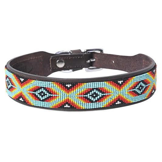 HILASON western beaded leather dog collar featuring colorful beadwork on a dark brown leather base.