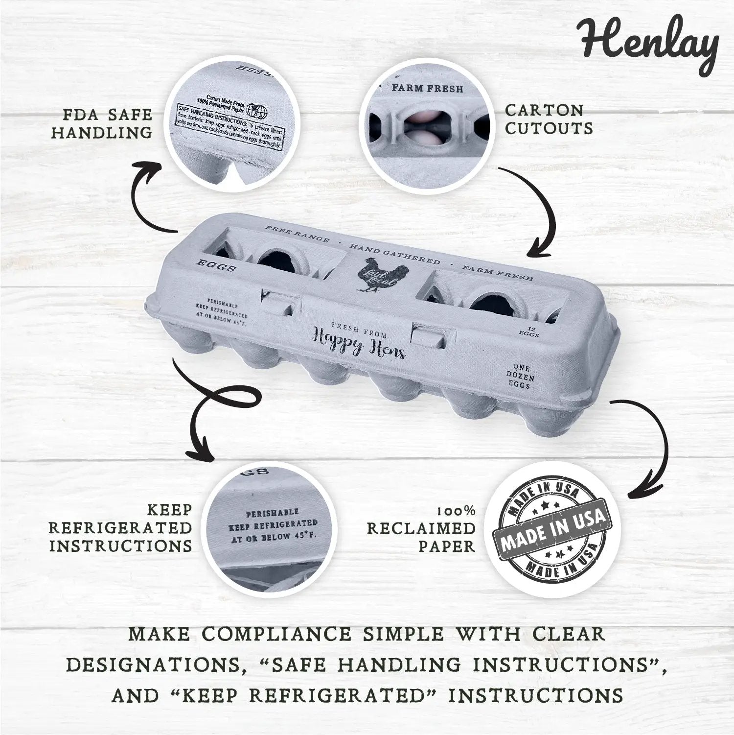 Egg cartons by My Pet Chicken with a vintage Henlay Laid Local design; 25, 90, or 250 count