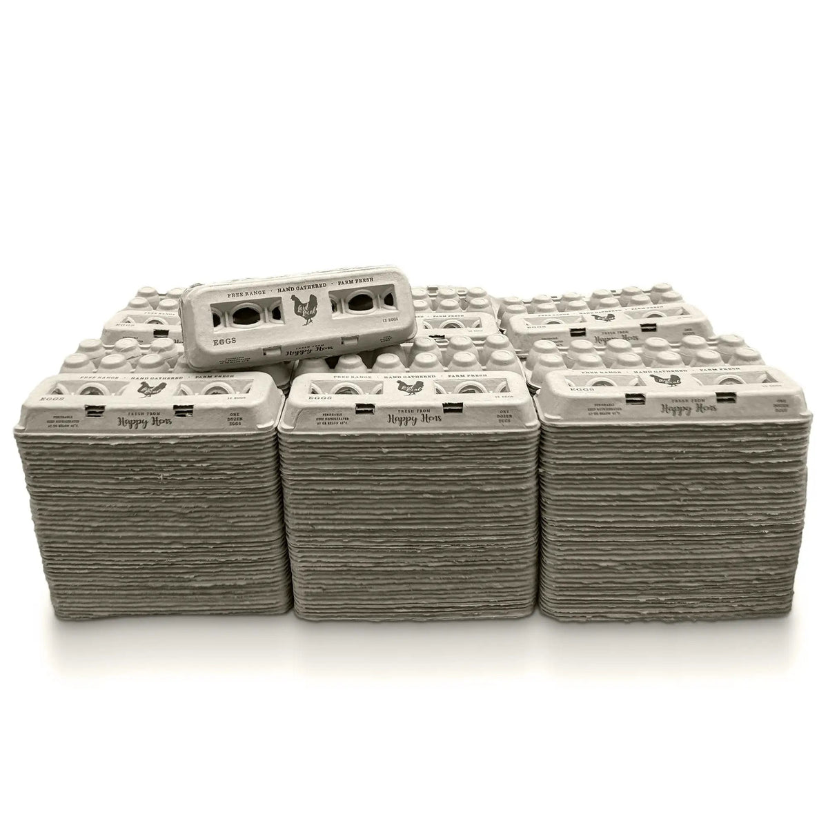 Egg cartons stacked in tiers with vintage print labels and visible EGGS text.