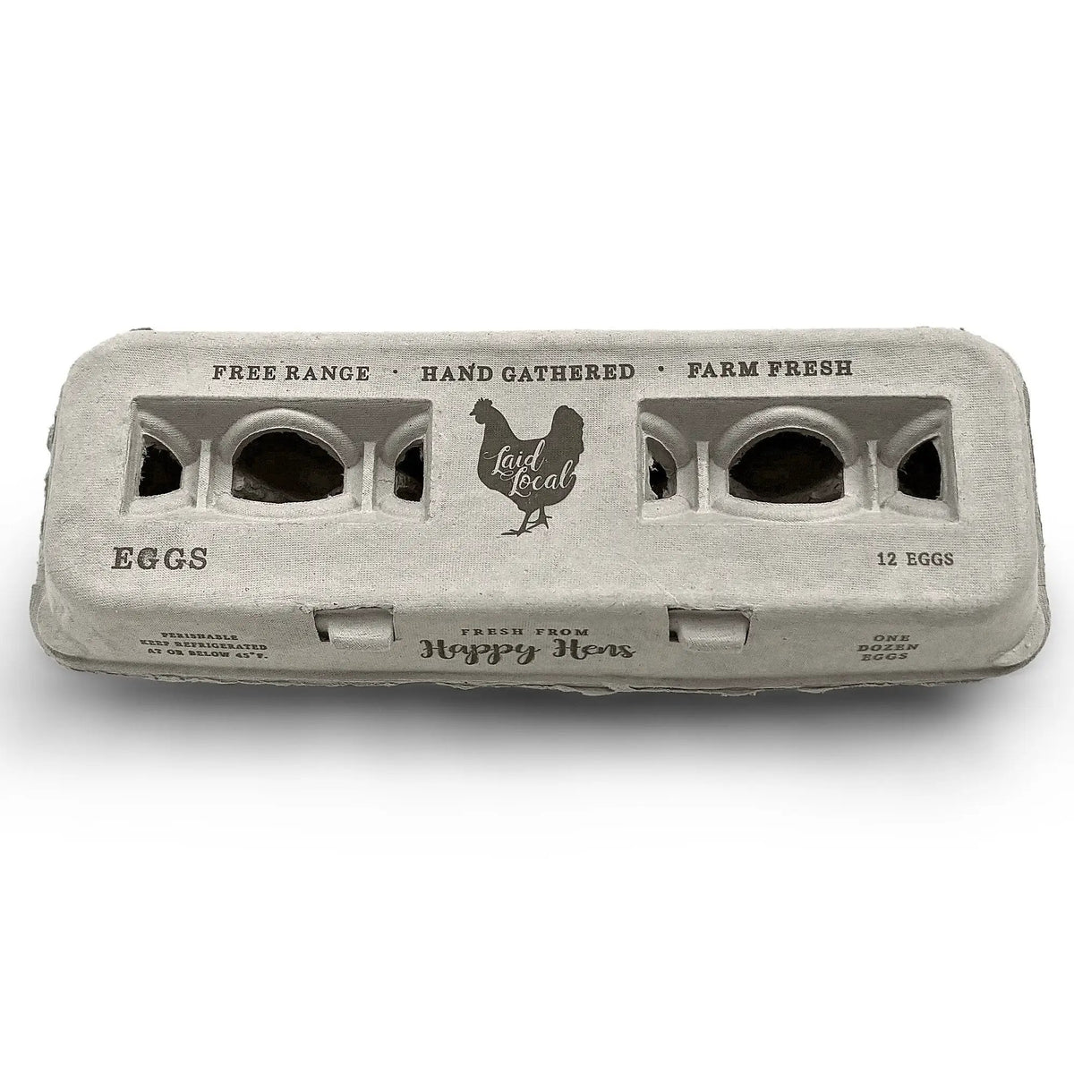 Henlay Laid Local egg carton, 12 eggs, gray kraft with vintage Laid Local logo
