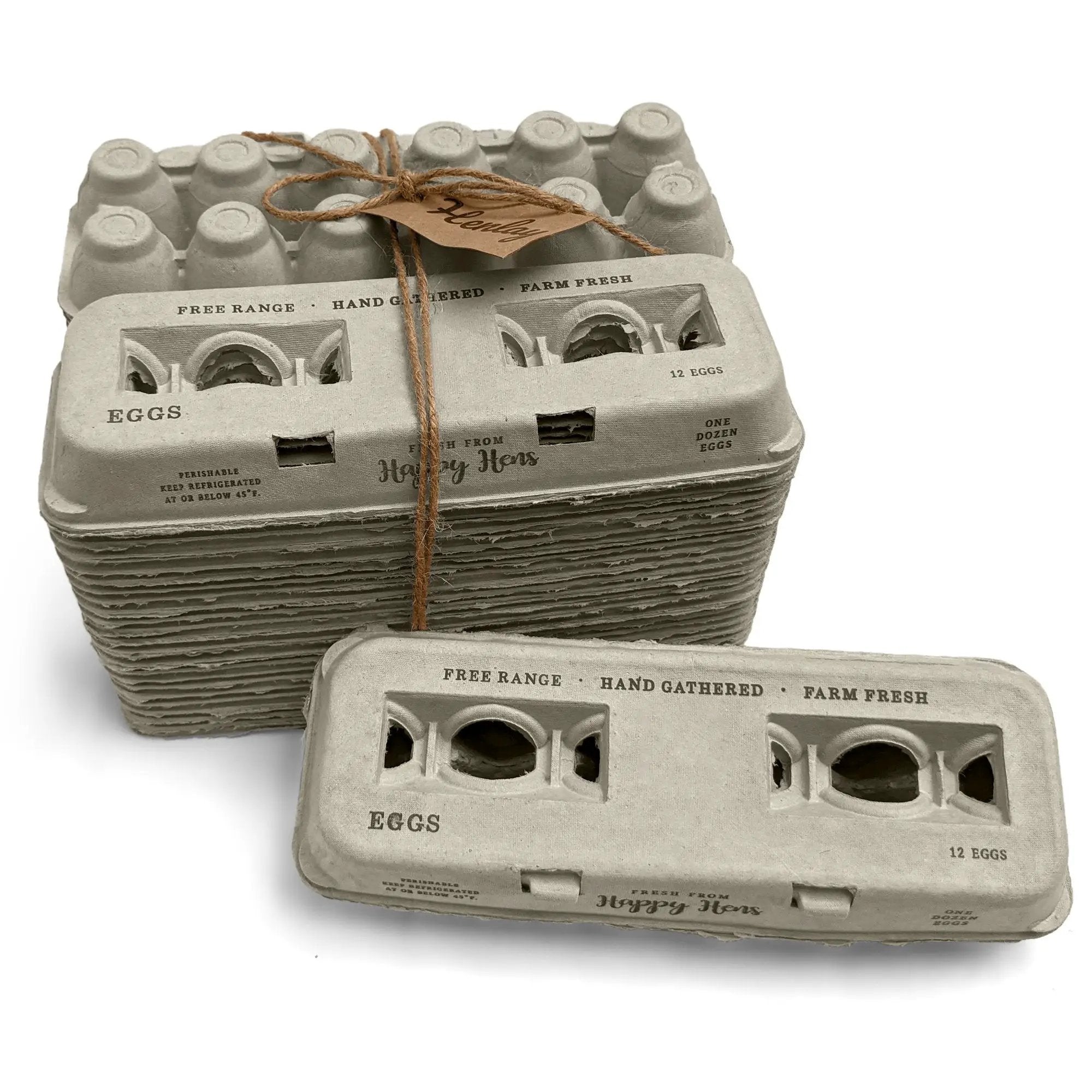 Henlay blank stamping egg cartons; gray kraft paper, tied with twine; three cartons shown