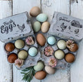 Load image into Gallery viewer, Two gray split-apart egg cartons holding 12 assorted eggs on a white wooden surface, with dried flowers.
