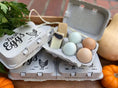 Load image into Gallery viewer, Split-Apart Egg Cartons; two gray cartons hold six eggs each, with chicken illustration and Fresh Eggs print.
