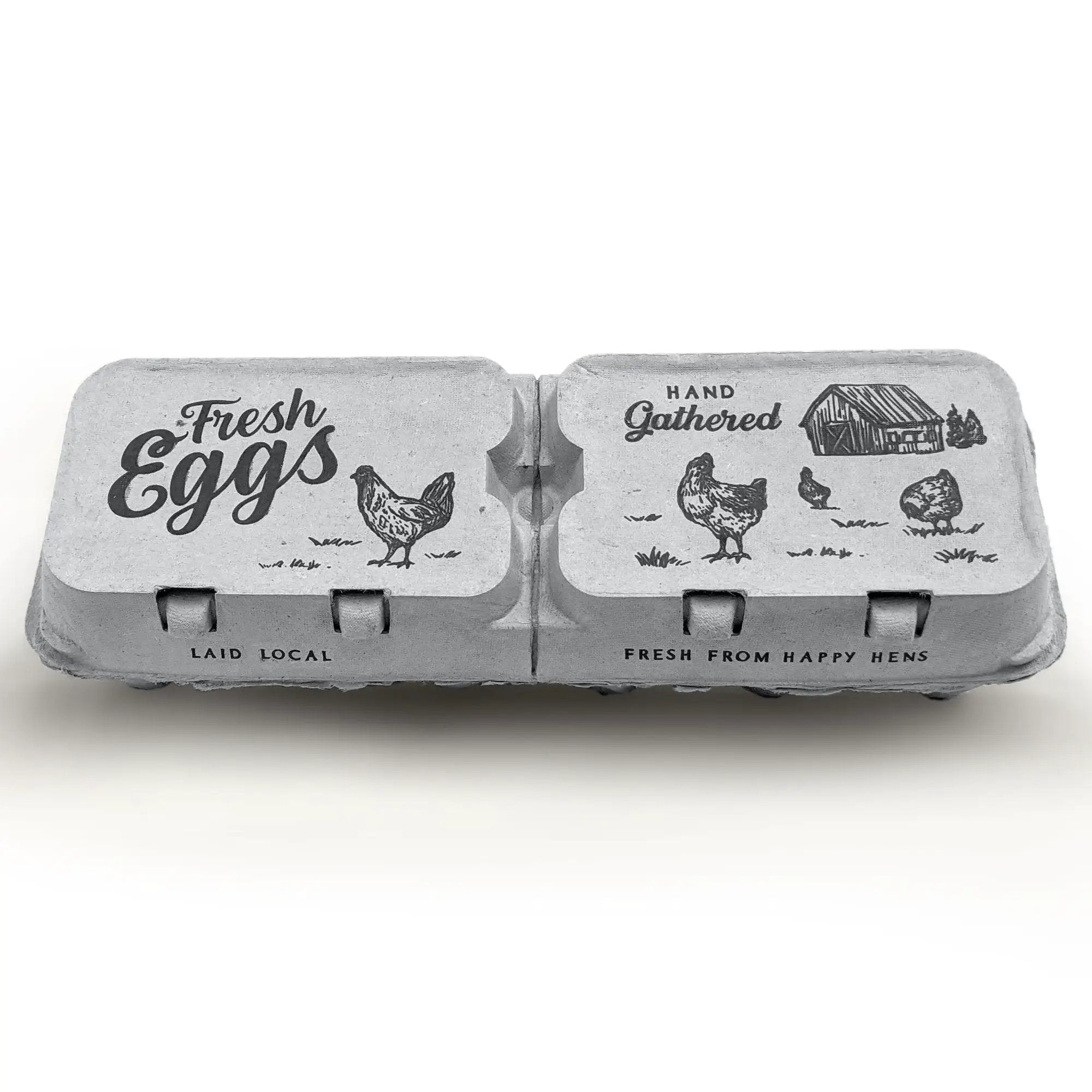 Split-apart egg cartons 2-pack for 6 or 12 extra-large eggs, gray with farm illustrations