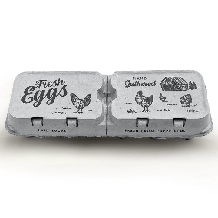 Split-apart egg cartons 2-pack for 6 or 12 extra-large eggs, gray with farm illustrations