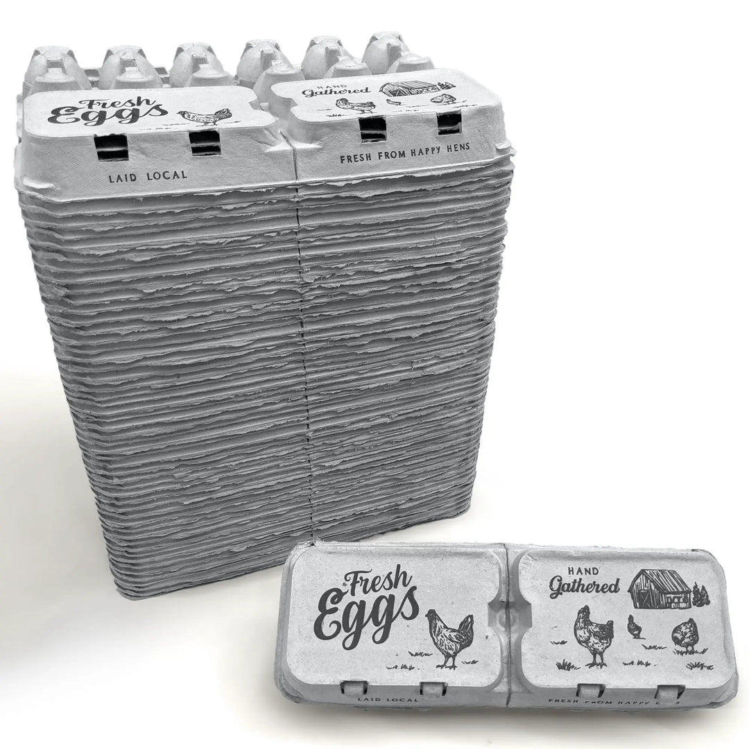 Split-apart egg cartons; pair of gray units stacked, holds 6 or 12 extra-large eggs with Fresh Eggs labeling