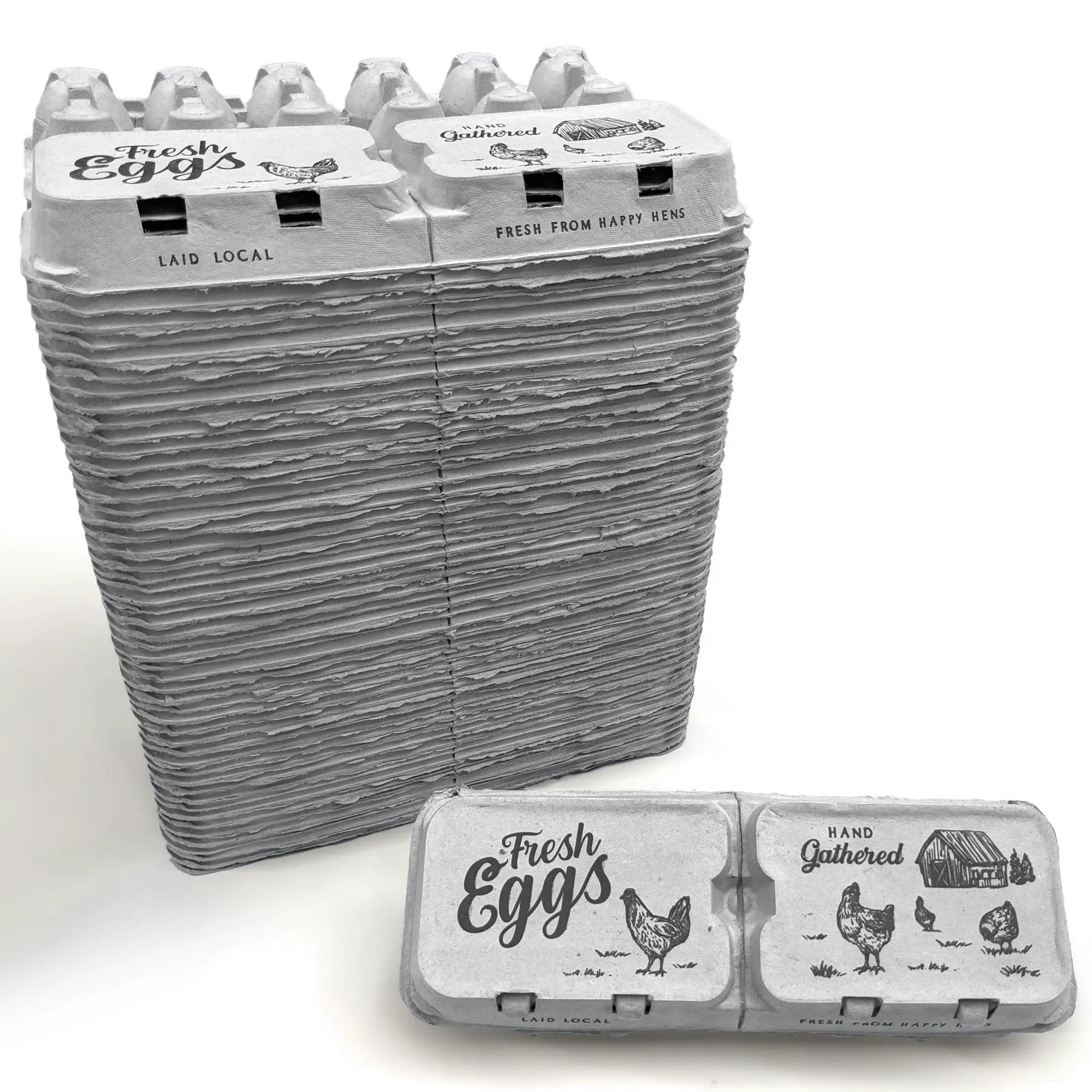 Split-apart egg cartons; pair of gray units stacked, holds 6 or 12 extra-large eggs with Fresh Eggs labeling