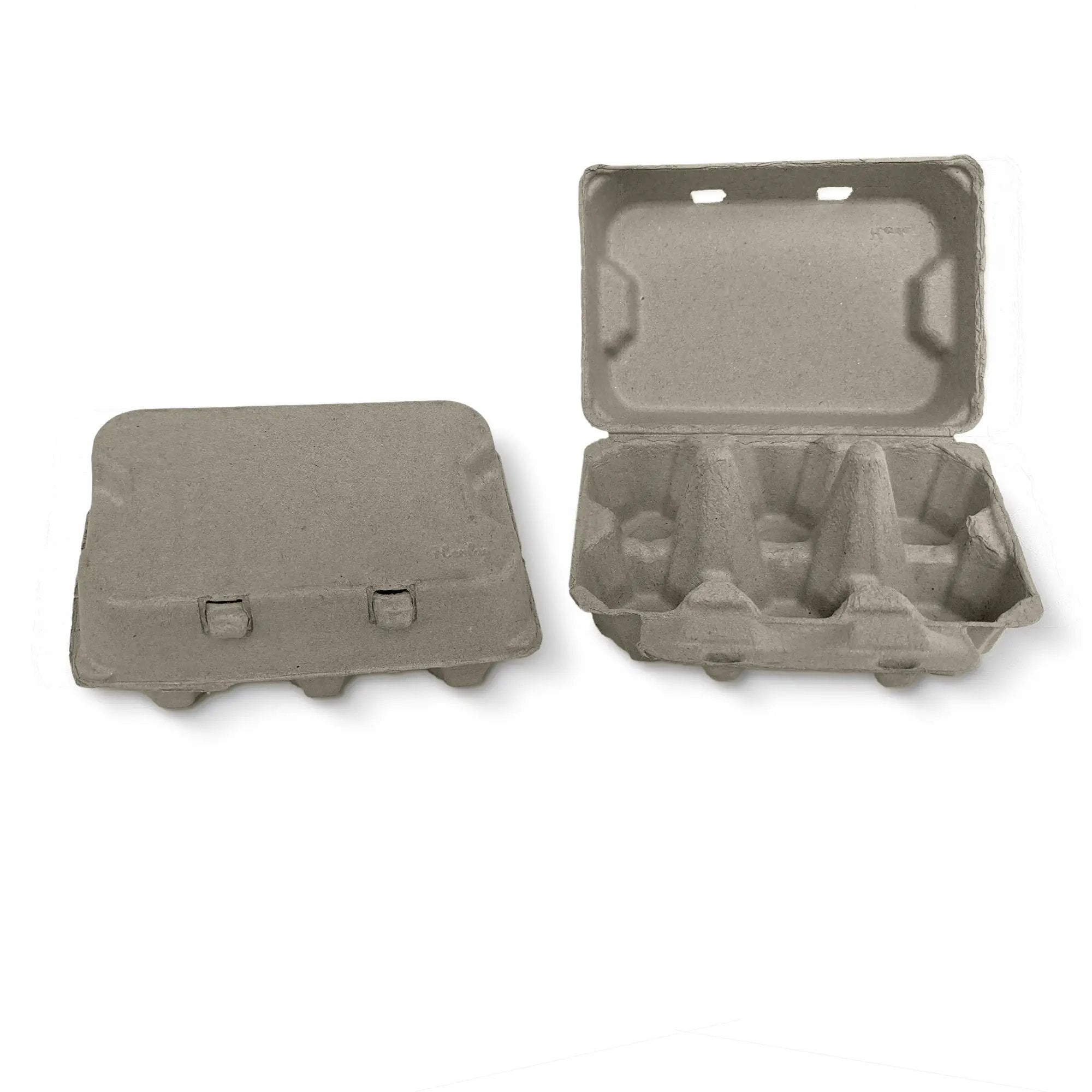 Henlay duck egg cartons, kraft brown, blank flat top; holds six jumbo eggs; two cartons shown (open and closed).